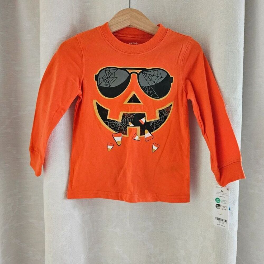 Carter's Halloween Jack O' Lantern Long Sleeve Shirt Orange 2T NWT Glows in Dark